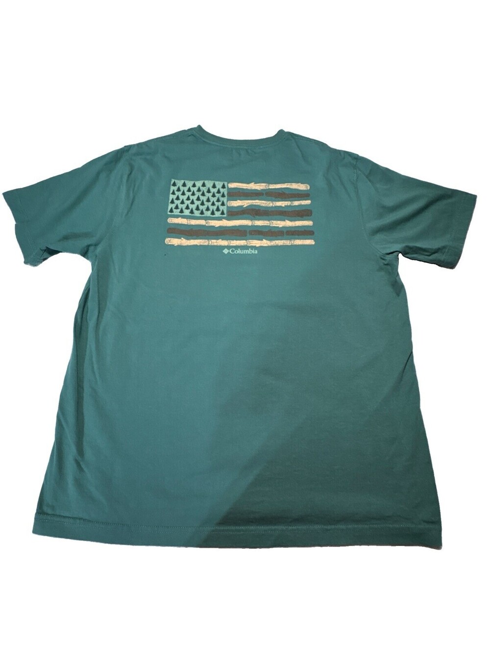 COLUMBIA American Flag Logs and Trees Forest Tee Shirt Size LARGE Short Sleeve